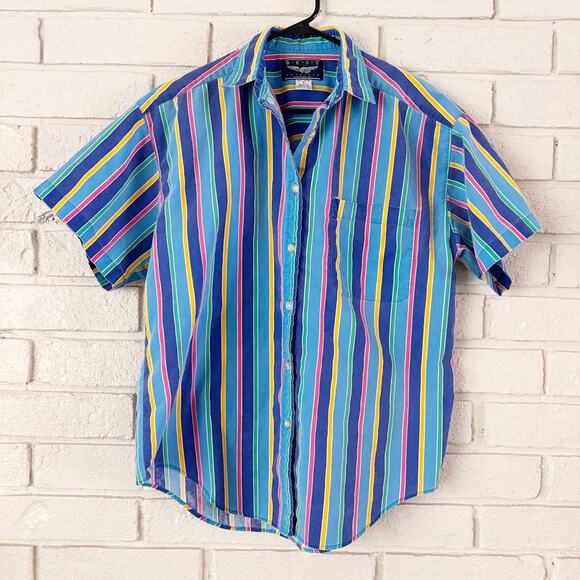 Vintage Unisex Small 80's Retro Bold Striped Short Sleeve Button Down Shirt - Picture 1 of 7